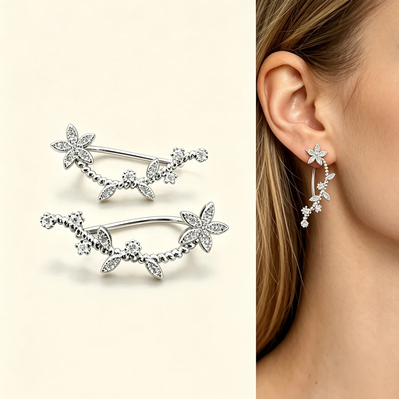 Silver‑Tone Flower Vine Ear Climbers for Women, Pave Zircon Floral Leaf Crawler Earrings,Nature‑Inspired Elegant Fashion Jewelry
