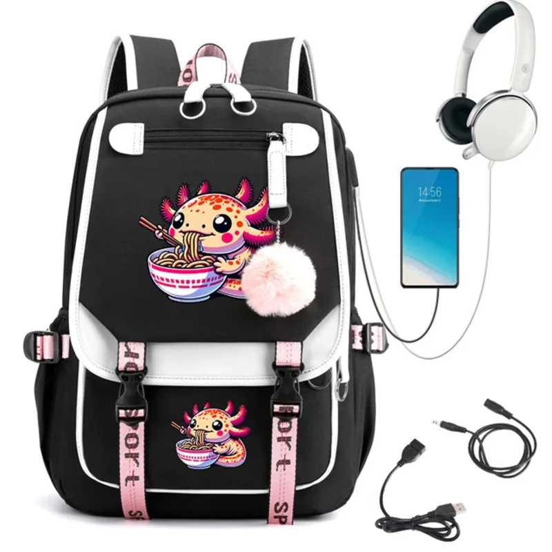 Axolotl jedzenie ramen makaron kreskówka tornister dla dzieci Anime Bookbag plecak studencki USB ładowanie dziewczyny plecak dla nastolatków