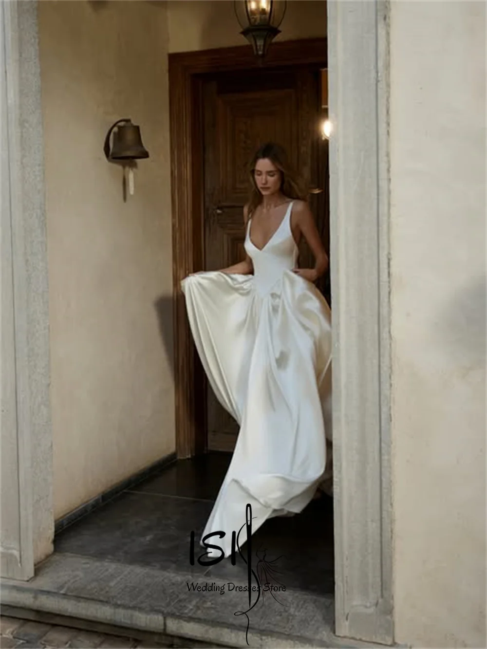 ISI Shining Elegant Spaghetti Strap Civil Wedding Dresses V Neck A-line Pleats Satin Pleat Formal Bridal Gowns Customized