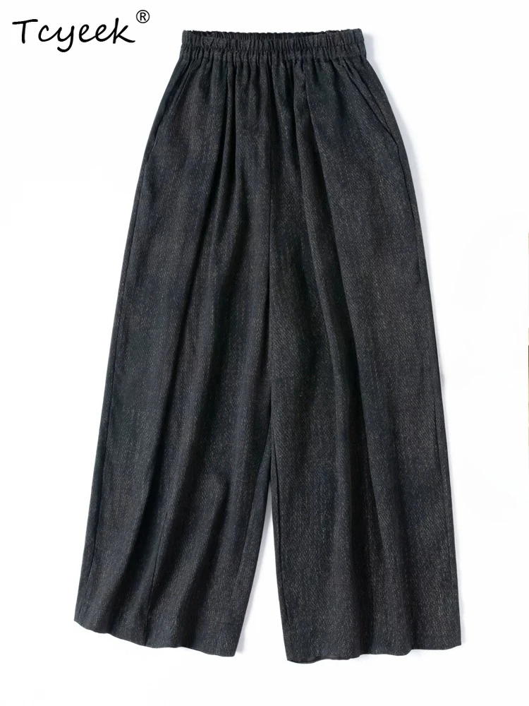 Tcyeek 40 Momme 100% Real Mulberry Silk Pants Women Summer Clothes Elastic Waist Casual Pants Woman Wide Leg Pantalones Mujer
