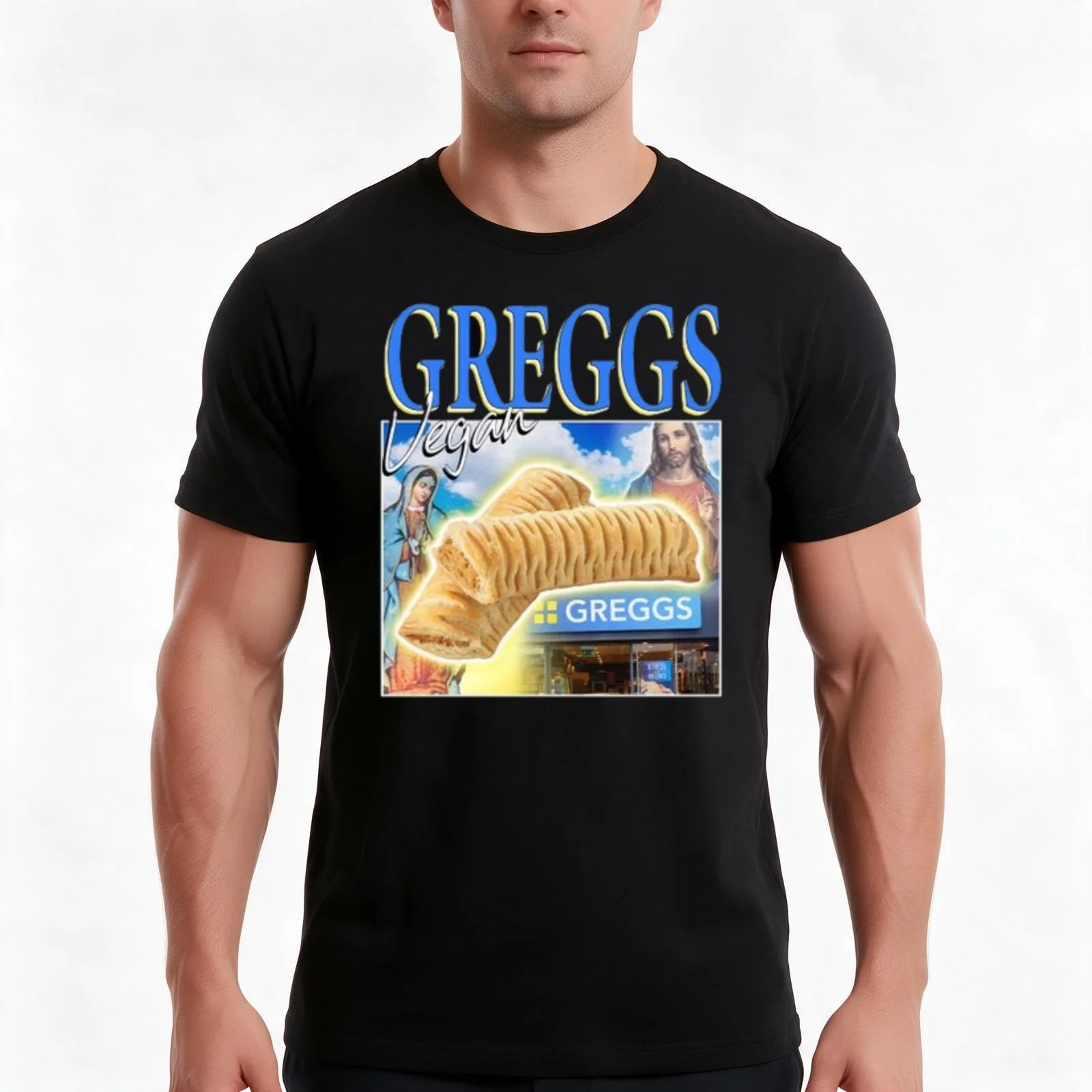 greggs vegan T-Shirt, Summer Casual Cotton Tee, Oversized Streetwear Tops, Vintage Graphic Print, Loose Fit Short Sleeve