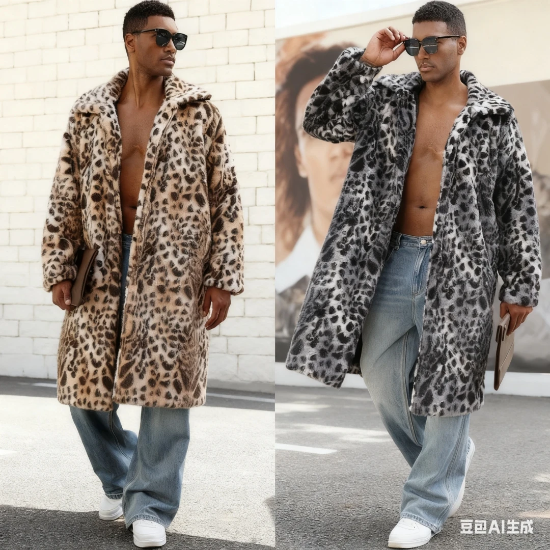 Men Faux Fur Coats Leopard Jackets Color Blocked Turn Down Collar Long Sleeve Single Breasted Straight Casual 2025 Autumn Winter