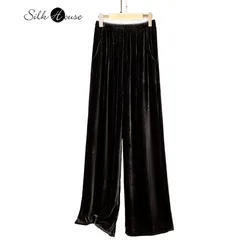 2024 Women's Fashion Autumn/Winter New Black 30% Natural Mulberry Silk Velvet Retro High Waist Loose Versatile Casual Pants