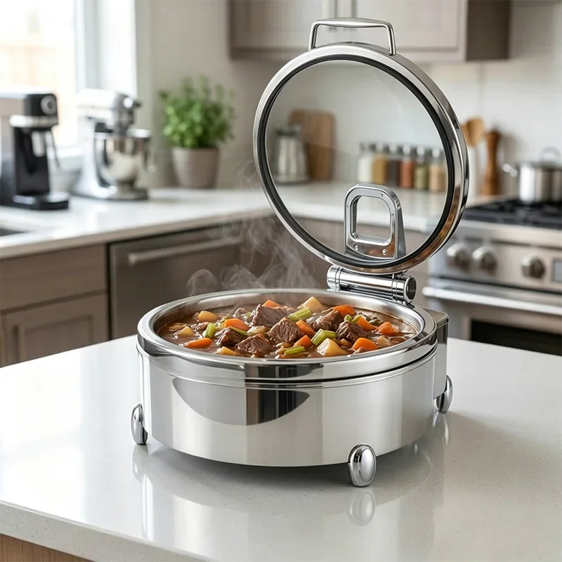 Stainless Steel Insulated Soup Pot with Viewing Window, Electric Insulated Porridge Pot, Round Buffet Food Warmer