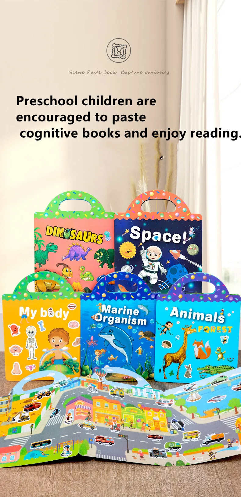 Wiederverwendbares Cartoon-Aufkleberbuch für Kinder, mehrere Scenos, DIY-Puzzlespiel, pädagogisches Lernen, klassisches Spielzeug für Kinder im Alter von 2–4 Jahren, Geschenke – Detail 1