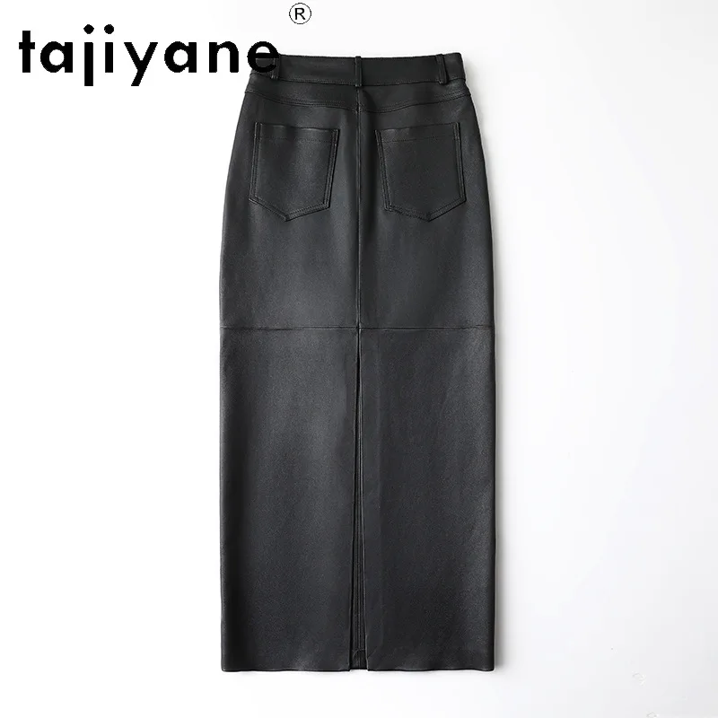 TAJIYANE Genuine Leather Skirt Stretch Sheepskin Women's Skirts Slit Bodycon Skirts Black Pencil Long Skirts for Woman Mid Waist