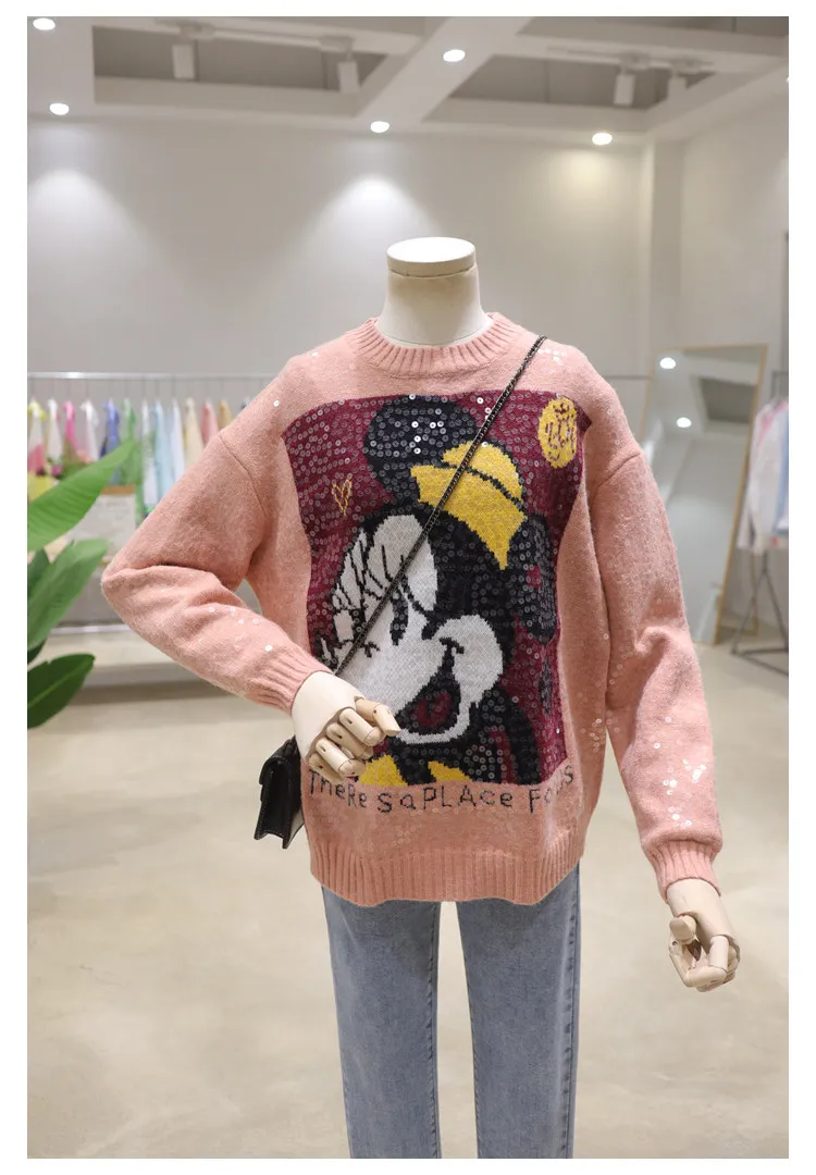 Sequined Cartoon Printed Round Neck Pullover Long Sleeve Sweater Women 2024 Spring and Autumn New Versatile Loose Sweater Women