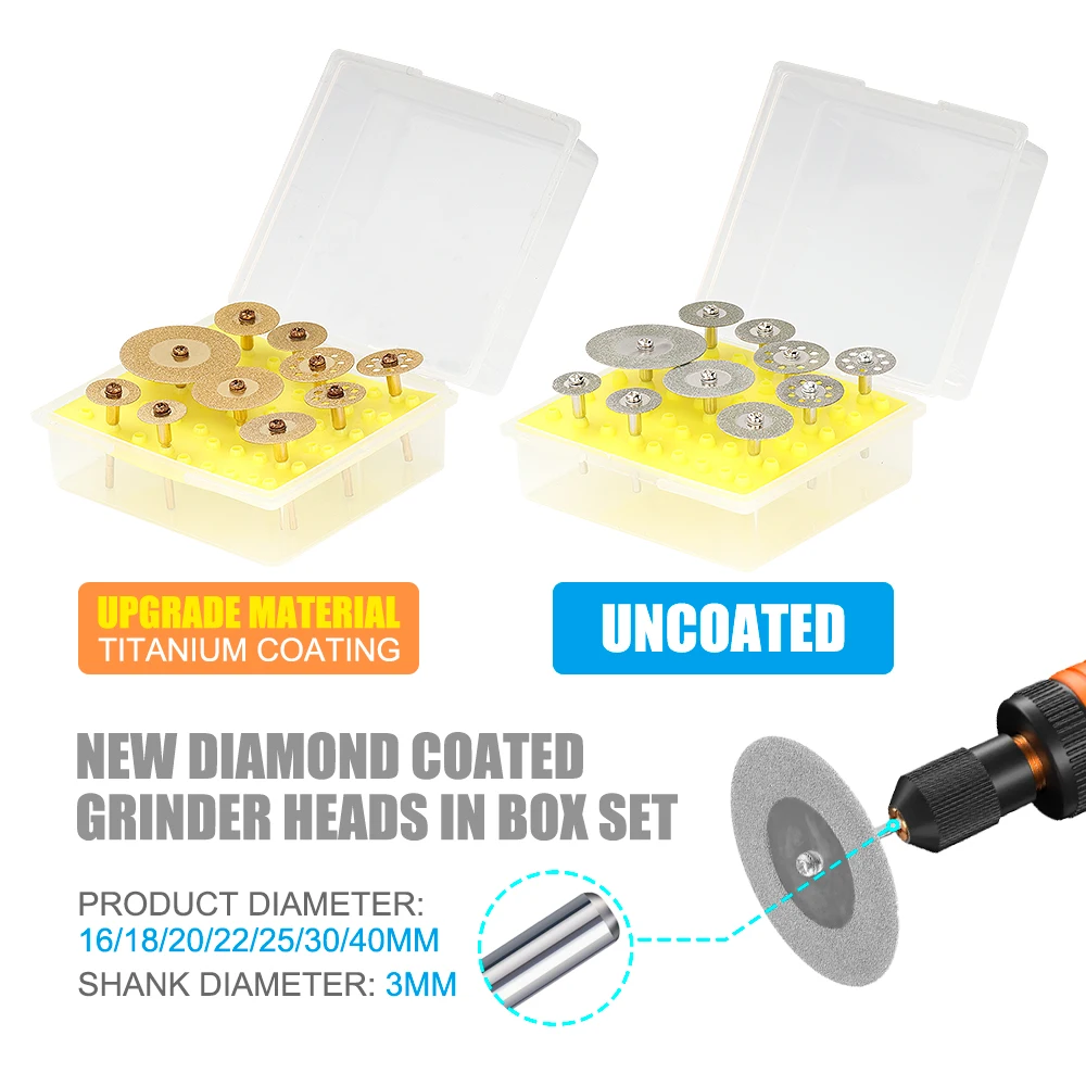 XCAN 10pcs Diamond Grinding Heads 3mm Shank iamond Cutting Discs Cut-off Wheel Blades For Dremel Rotary Tool