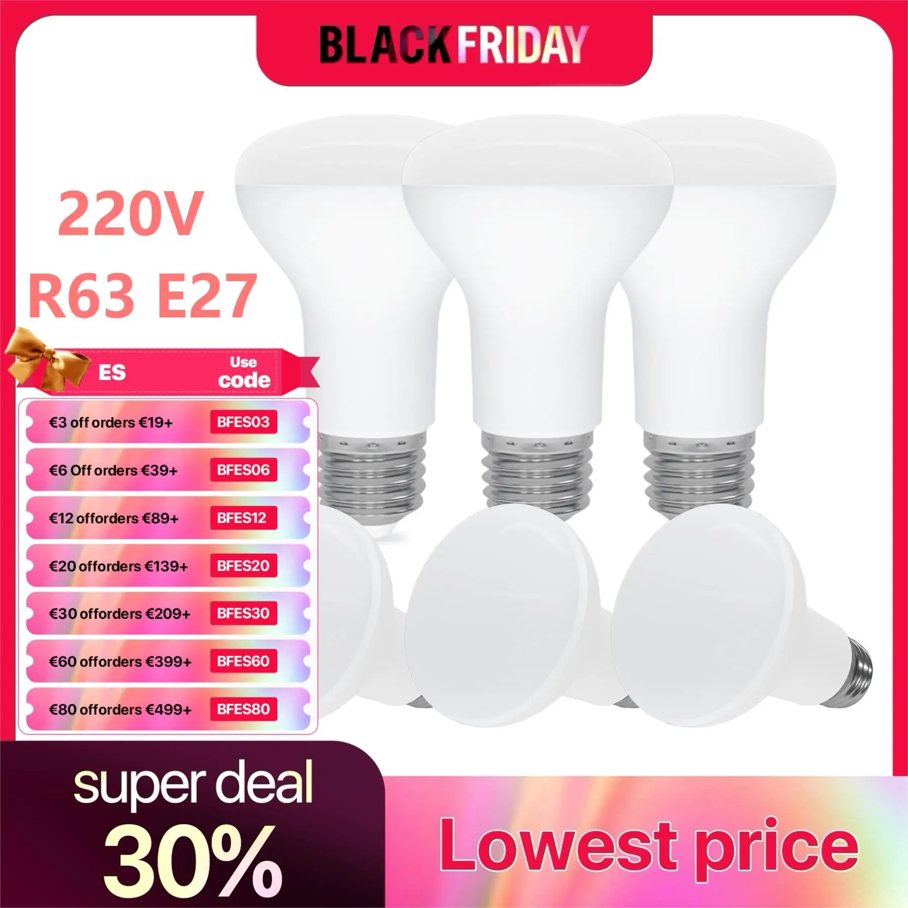 R63 Reflector E27 LED Bulb 220V Cool White Warm White 9W Equivalent 60W LED Spotlight Bulbs 120° Beam Angle Non-Dimmable 6 Pack