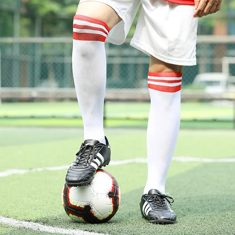 Calcetines de fútbol de rayas blancas y negras para hombres, adolescentes, niños, niños, sobre la pantorrilla, béisbol, Rugby, calcetines atléticos