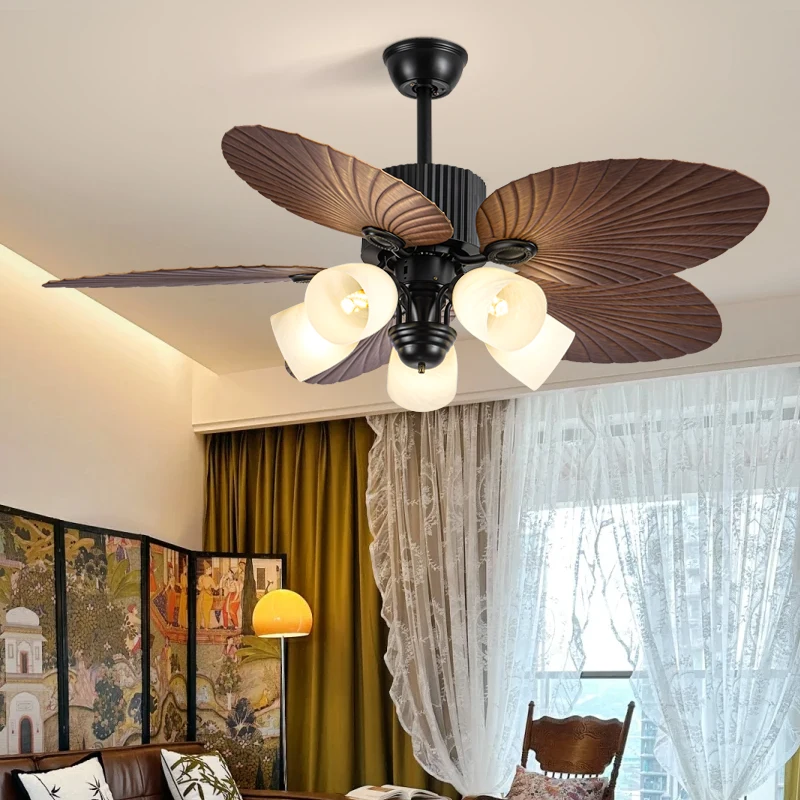 HSG 645D Ceiling Fan Light 42-52 Inches Tropical Style Palm Leaf Blades Flush Mount AC Motor Iron Lamp Body for Seaside Patio