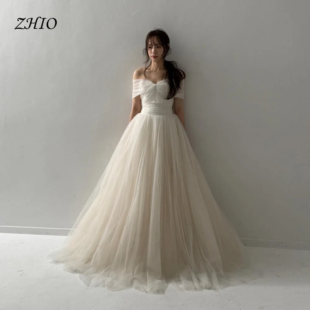 Zhi querida fora do ombro vestidos de casamento coreano personalizado macio tule vestido de festa de casamento nupcial ao ar livre vestidos de pressão de casamento