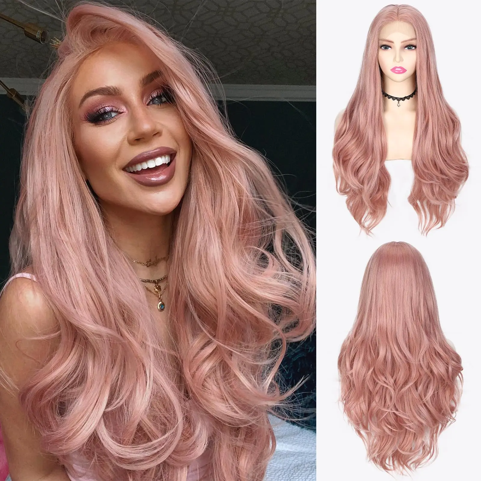 

Pink Wigs for Women Long Wavy Wigs 13x3 Free Part Cosplay Wigs Synthetic Heat Resistant Wig Natural Hair Looking