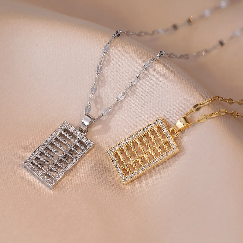 Vintage Chinese Style Necklace Plated 14K Gold Crystal Square Abacus Pendant Stainless Steel Clavicle Chain Party Jewelry