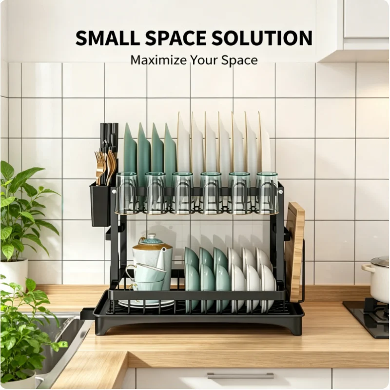 

2-Tier Large Capacity Kitchen Dish Rack Drainable Metal Tableware Storage Stand Lockable Bowl Plate Organizer Holder