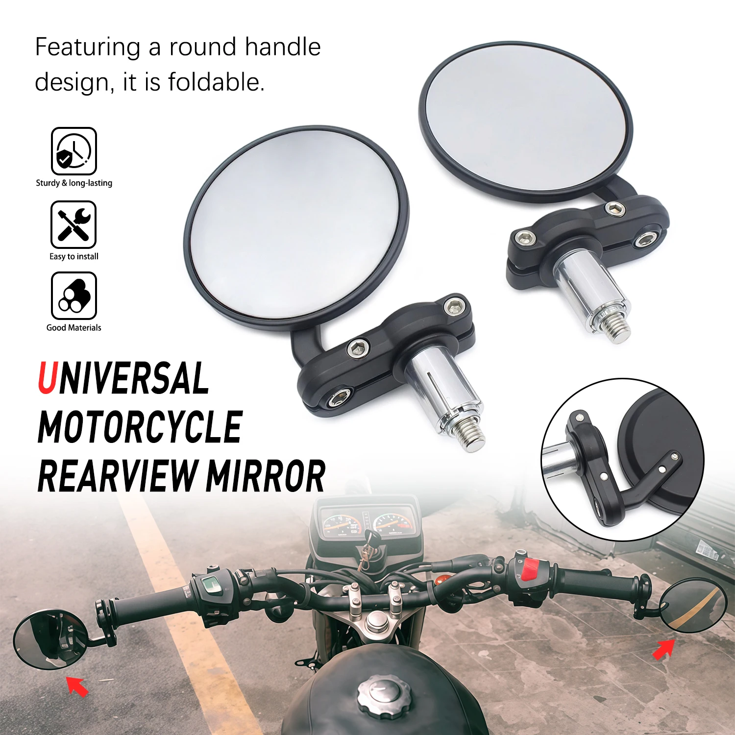 

2pcs 7/8" Universal Motorcycle Rear View Mirrors Round Handle Bar End Foldable For Kawasaki Z1000 Z750 ER-6F For Suzuki GSF1250