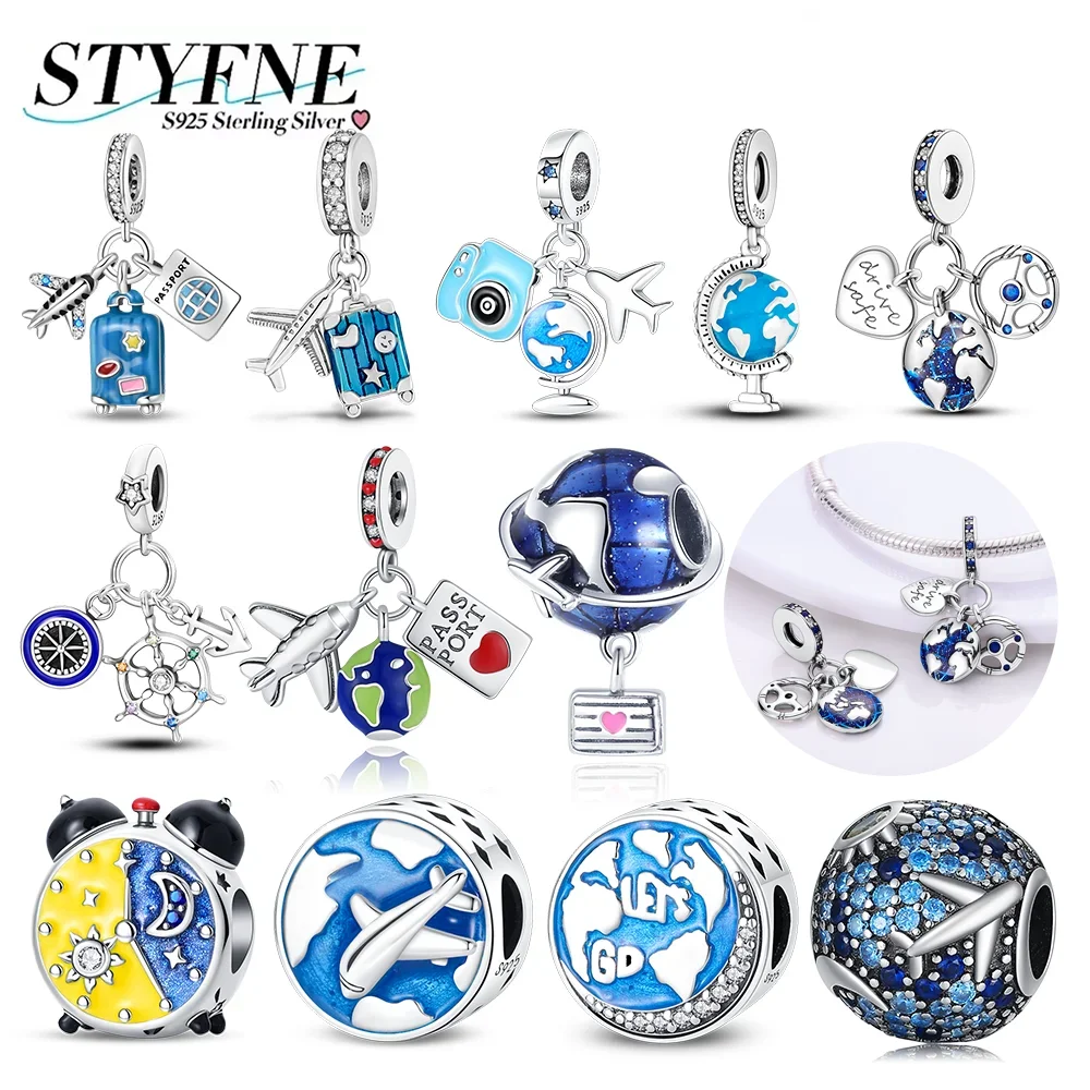 

Blue Series Earth Suitcase Airplane Camera Charms Beads Pendants 925 Silver Fit Original Bangle Bracelet DIY Jewelry for Woman