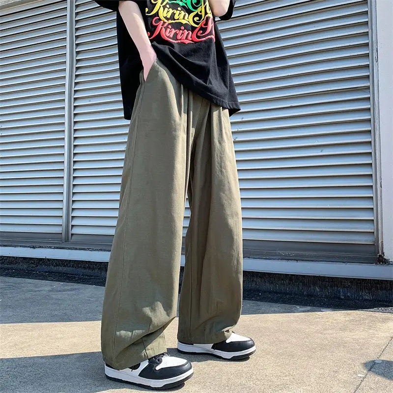 

Oversize Cotton Men Causal Pants Straight Wide Leg Mid-Waist Cargo Pants M Solid Loose Spring Summer Streetwear for Women Men