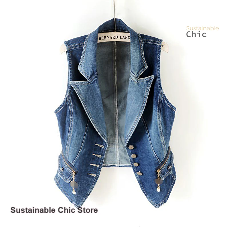 

Korean style fashion temperament slim suit collar short sleeveless denim vest women's spring and autumn vest jacket tank top