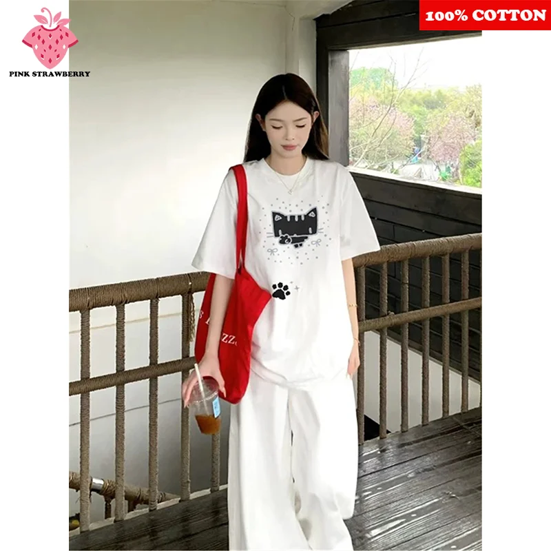 

Cute Cartoon Cat Print T-shirt Women Summer 2025 New 100% Cotton American style Short sleeves Loose Tee Y2k Tops kawaii clothes