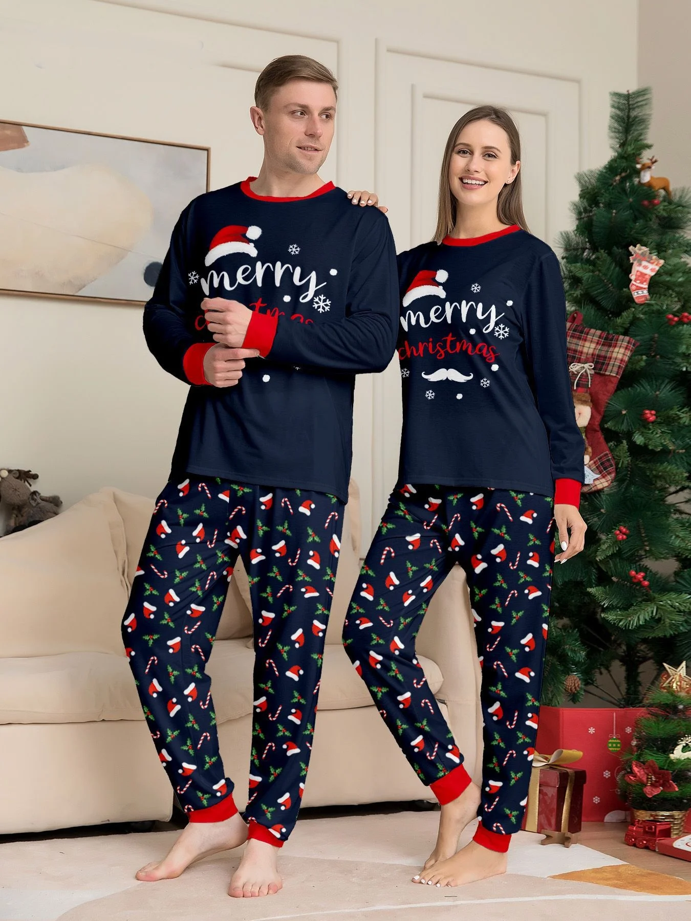 Christmas Family Matching Outfits Mother Father Kids Pajamas Set Santa Hat Print Loose Xmas Sleepwear Baby Romper Dog Clothes