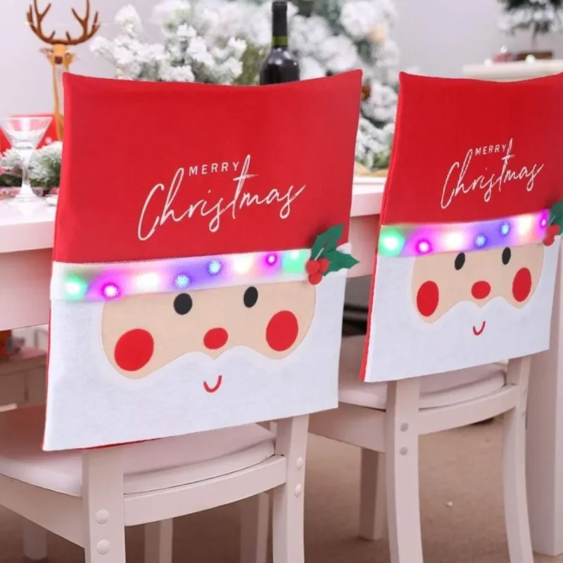 LED Christmas Chair Back Covers with Santa Claus Design Red Slipcovers for Holiday Party Supplies Festive Dining Room Decor