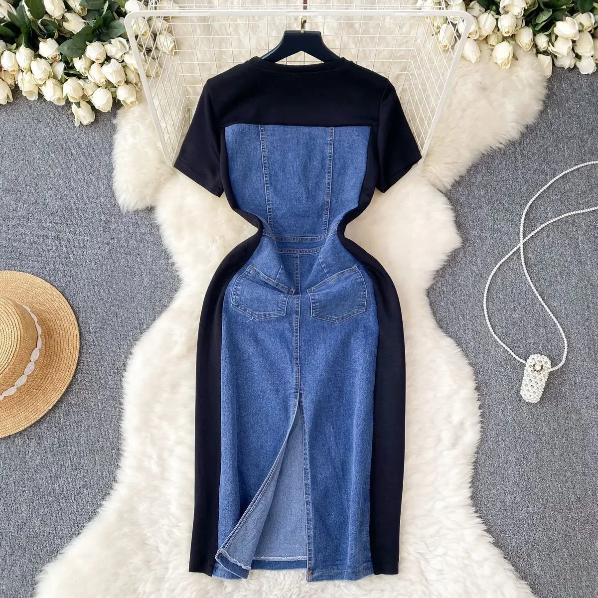 Y2k Long Dress Women Light Blue Summer Patchwork Dresses High Waist Casual O-neck Elegant Loose Maxi Work Spring Summer Vestidos