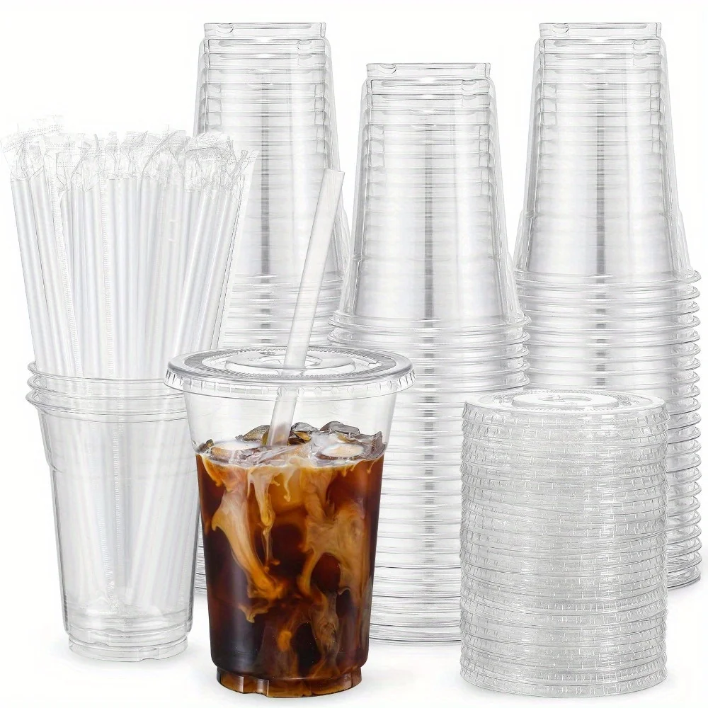 16 oz transparent plastic cup with lid and straw, disposable cup suitable for iced coffee, smoothies milk tea cold drinks