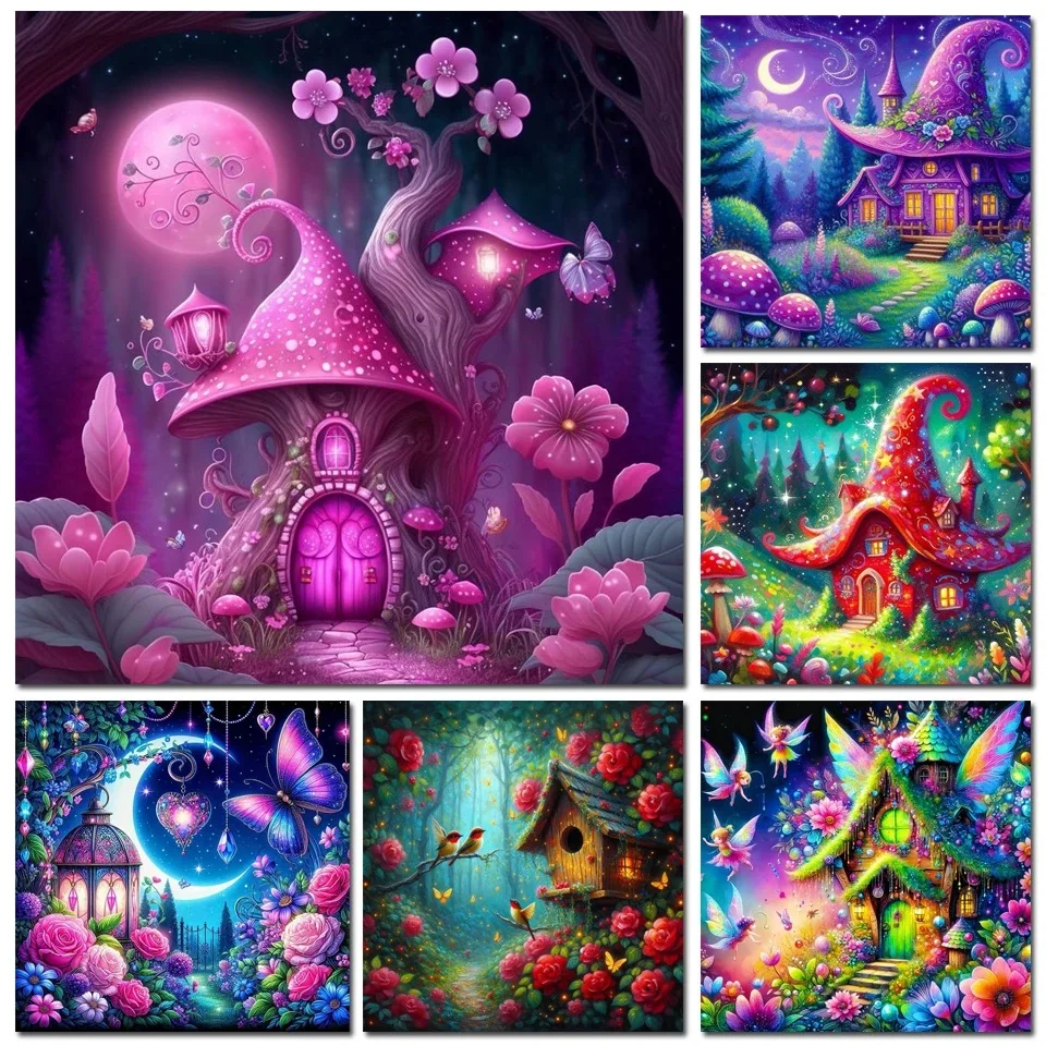 5D DIY Jewels Diamond Painting Mosaic Elf House Full Drills Diamond Embroidery Beautiful Mushroom Castle Landscape Pictures