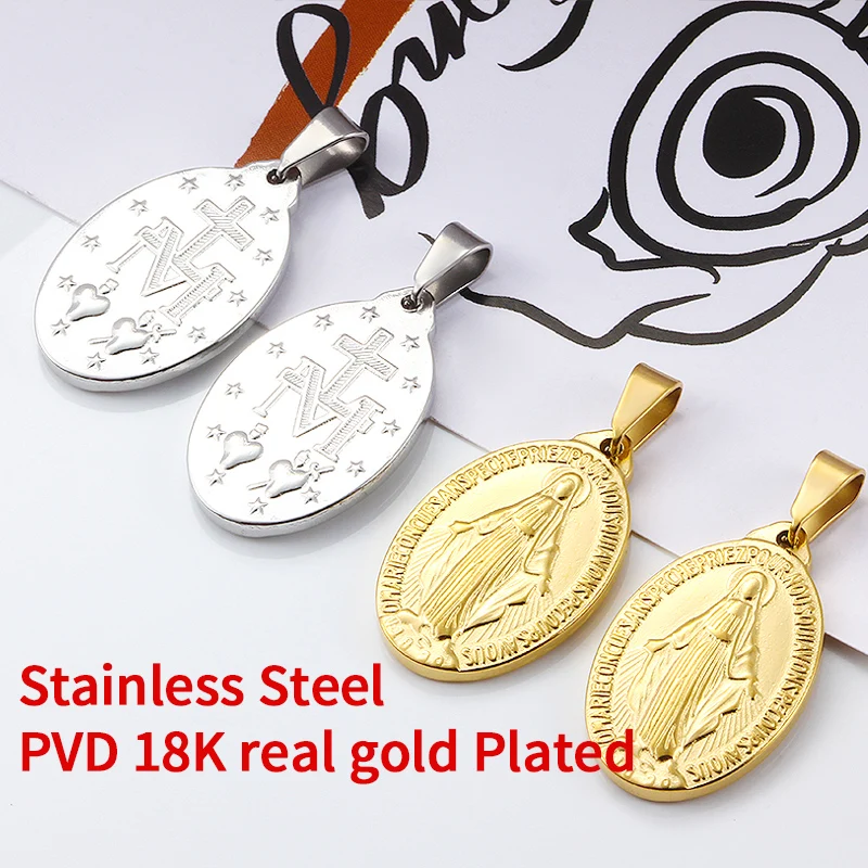 Stainless Steel Gold Virgin Maria Medal Charms Pendant For Jewelry Necklace Making Accessories DIY Bracelet Supplies Findings