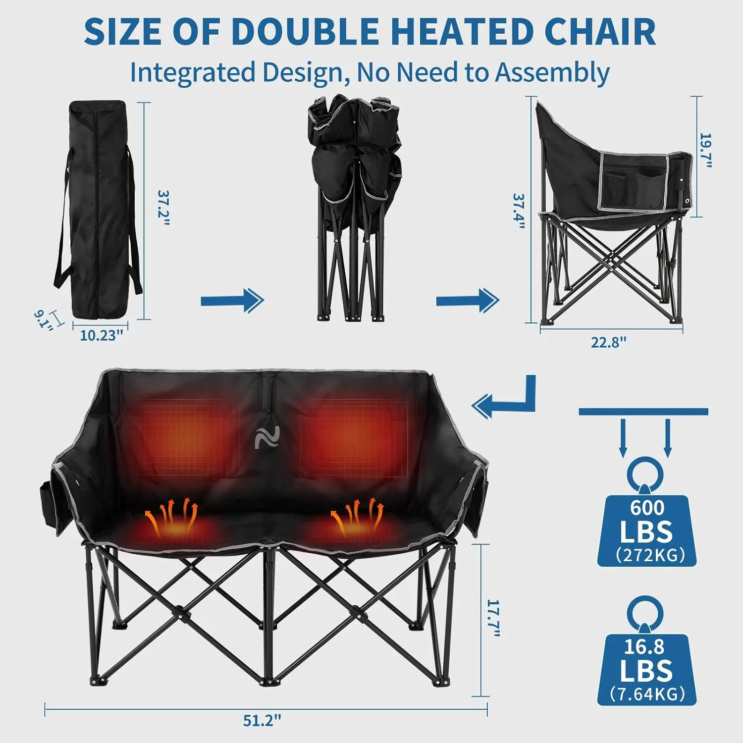 Slsy Oversized Heated Double Camping Chair, Folding 2 Person Camping Chair Loveseat, Fully Padded Duo Chair Camping Couch, Fold