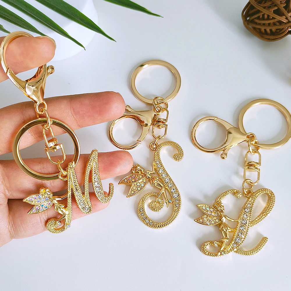 Luxury Rhinestone Elf Girl Shaped Letter Keychain Gold Color A-Z Alphabet Initial Keyrings For Women Purse Bag Charms Decoration