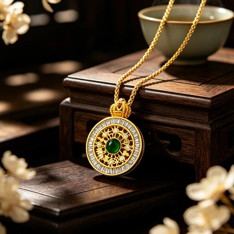 9999 24K Real Gold White Mother-of-pearl Double-sided Green Stone Eight-treasure Compass Pendant Sweater Chain Pendant