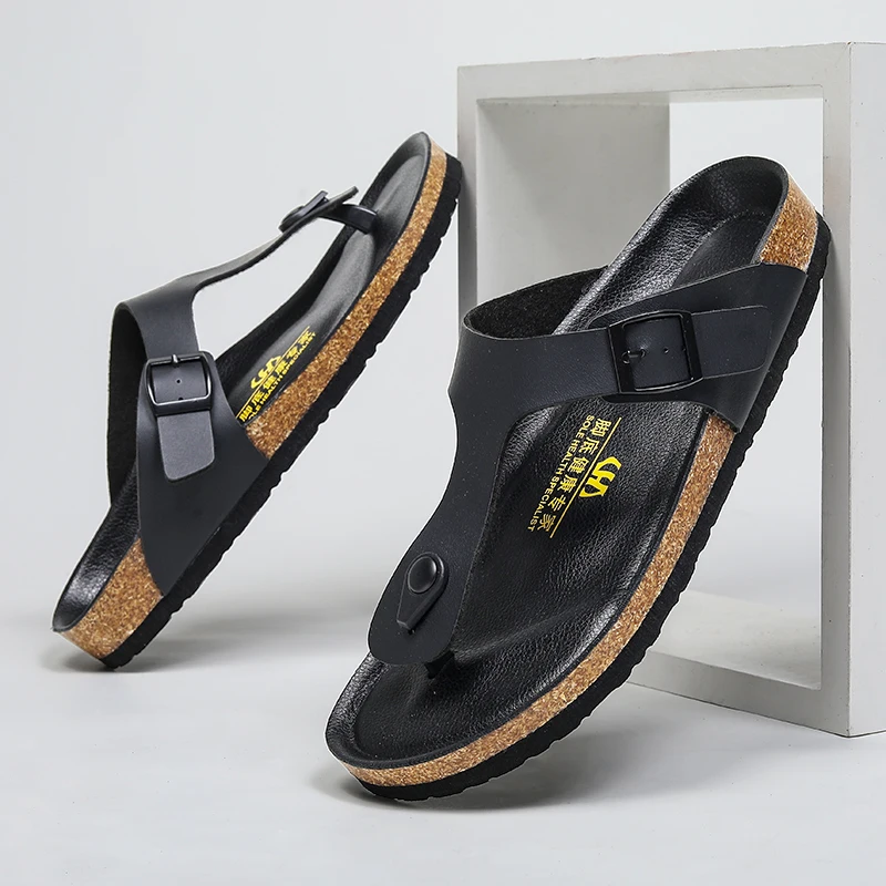 Unissex tendência usar braçadeira pé confortável solas grossas antiderrapante usar casual casal sapatos de praia cortiça flip-flops sandálias 35-46 #