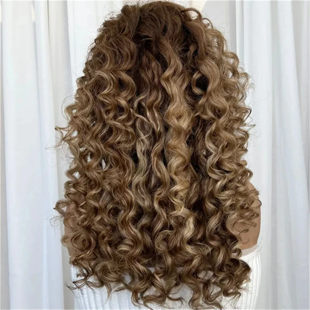 

Темно-коричневый синтетический парик с глубокими кудрями и кружевной передней частью для женщин, без клея, с предварительно проработанной линией роста волос, из термостойкого волокна, для вечеринок и повседневного использования