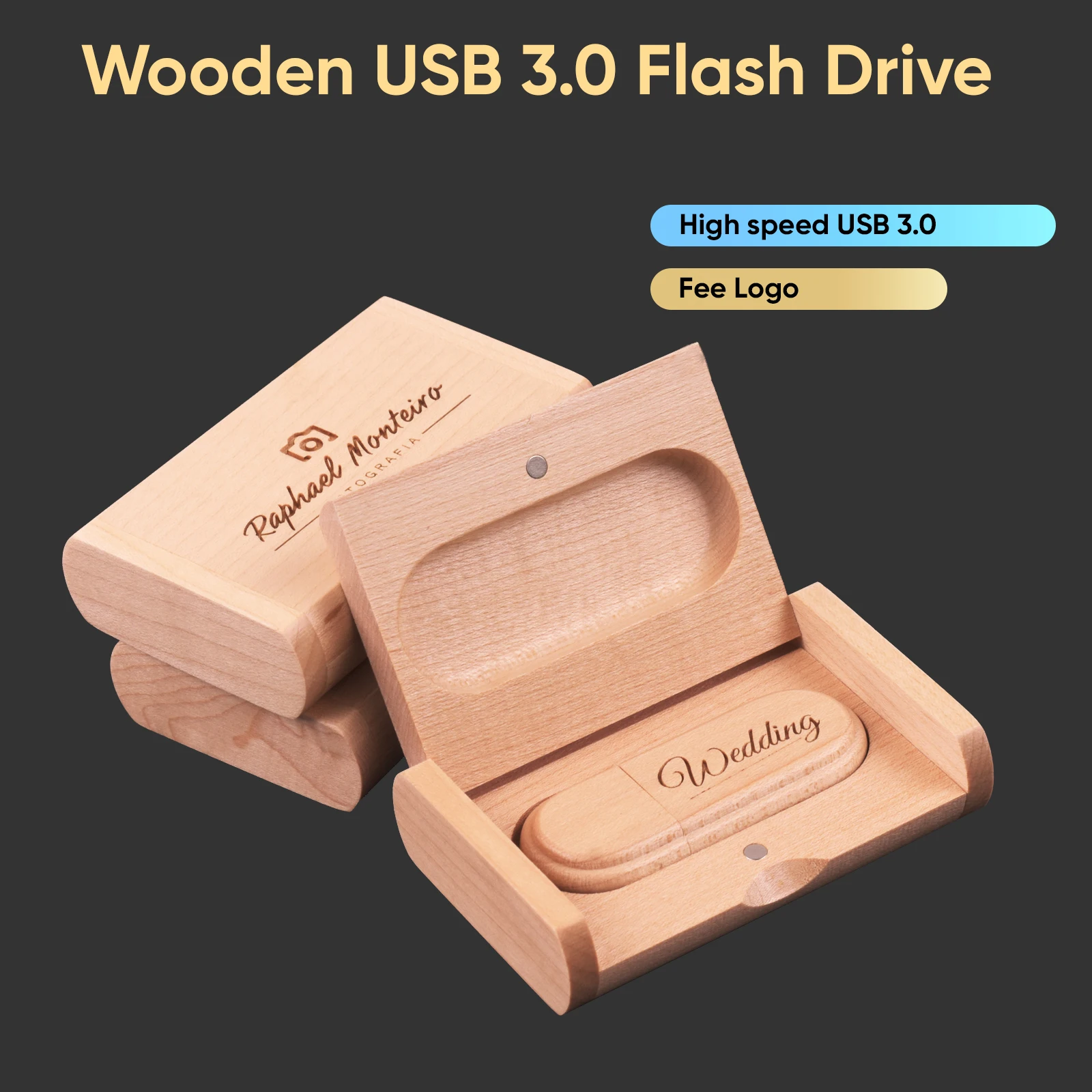Beech Wooden Box USB Flash Drive Memory Stick Free Custom Logo Pen Drive Storage Device Pendrive 128G 64GB 32GB Cle USB Stick