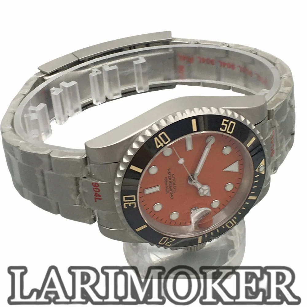 Larimoker 40.5Mm Duiken Automatische Mechanische Nh35 Pt5000 Move Heren Horloges Oranje Wijzerplaat Keramische Bezel Saffier Waterdicht Horloge