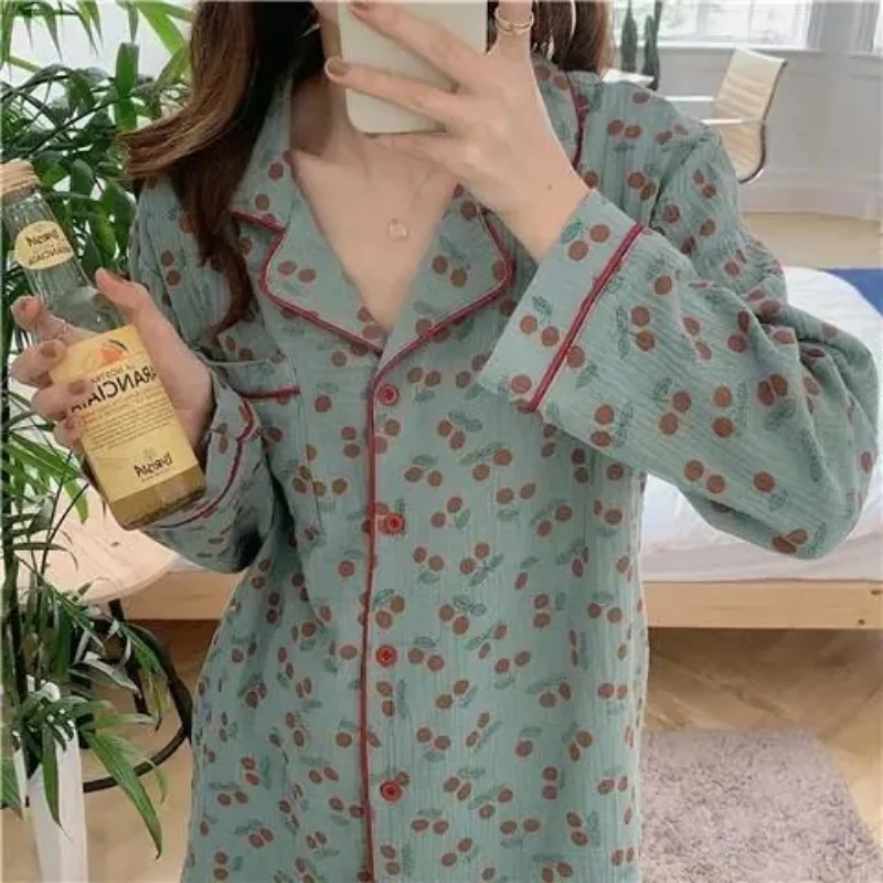 2023 New Women Small Cherry Cotton Flaxen Cloth Pajama Spring and Autumn Loungewear Long Sleeve Long Pants Cardigan Homewear Set