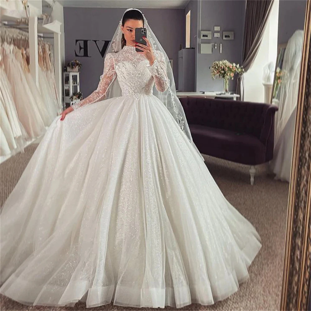 Vestidos de casamento fofos com alças de espaguete, manga comprida, renda brilhante, lindo vestido de princesa, lindo e requintado, brilhante