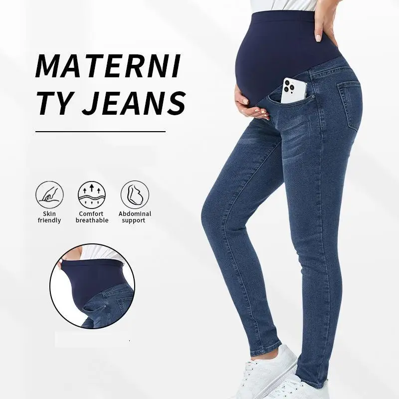 Pregnant Women Slim Denim Pants Casual High-Waisted Maternity Jeans Belly-Support Butt-Lifting Skinny Stretch Maternity Trousers