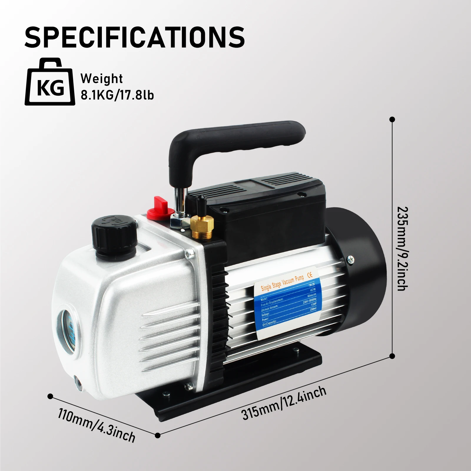 4/4.8CFM TW-2K Vacuum Pump | 60 Micron Ultimate Vacuum, 110-115V/230V Dual Voltage, 1/3HP Motor