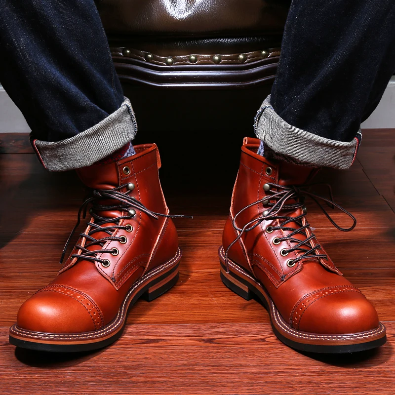 New Brand Men Boots Retro Tooling Boots Genuine Leather Boots High Quality Men High Top Casual Shoes