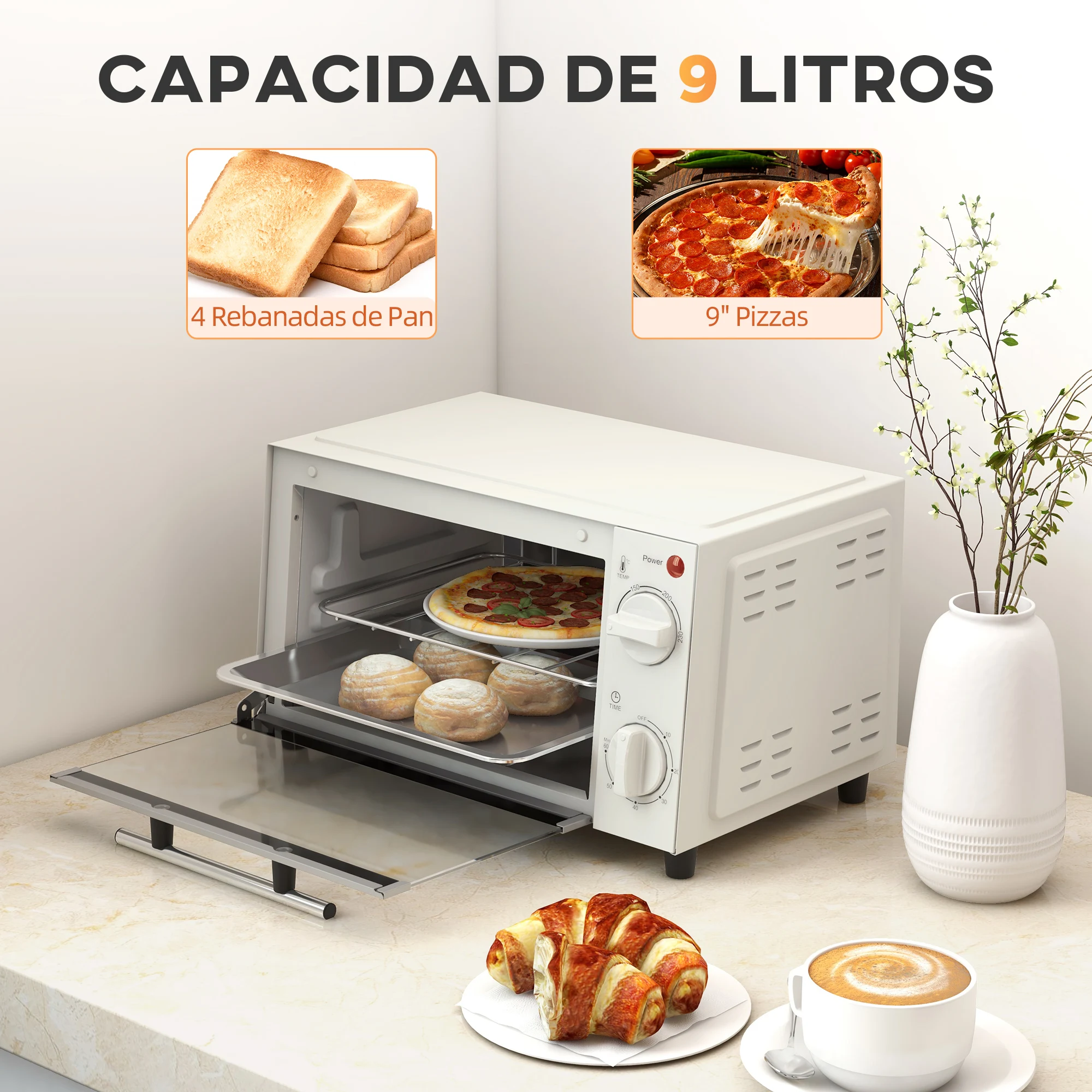 Image 5: Homcom Mini Four 9L Mini Four avec plateau de cuisson, Grille Grill, 100 °   C-230 °   C Acier inoxydable