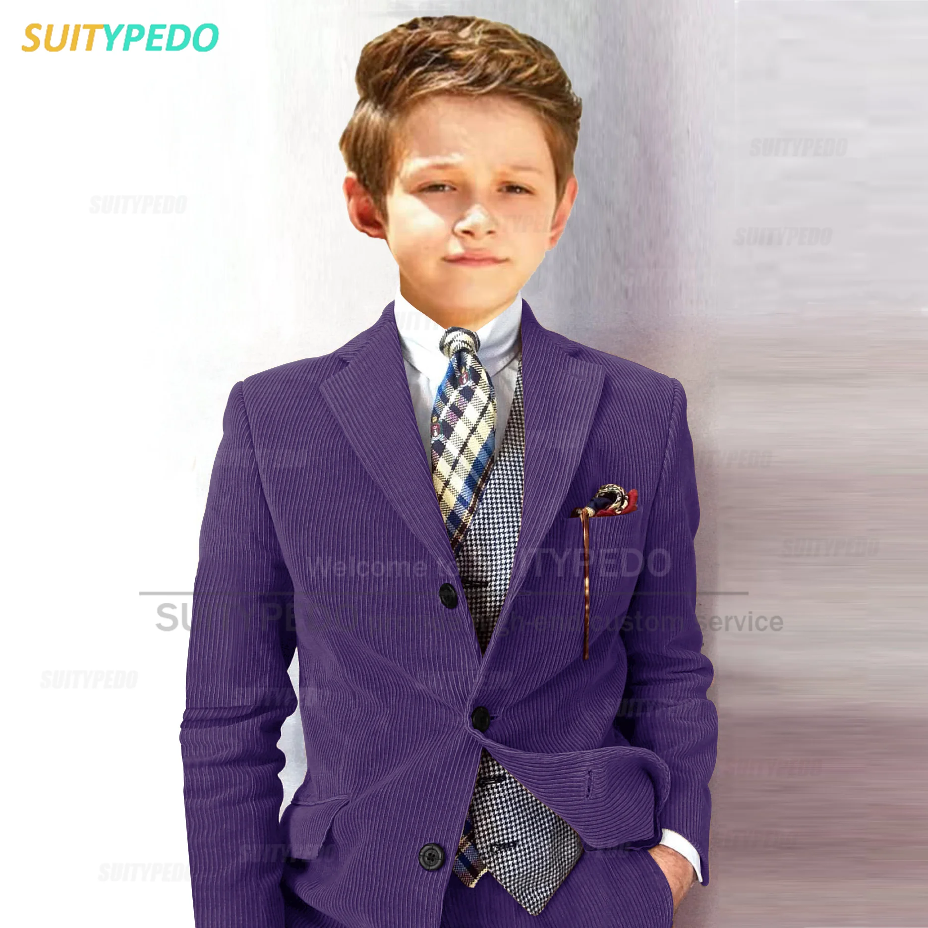 Elegant Kid Boys Suit Sets Fashion Party Tailor-made Corduroy Blazer Pants 2 Pieces Children Piano Performance Formal Costumes