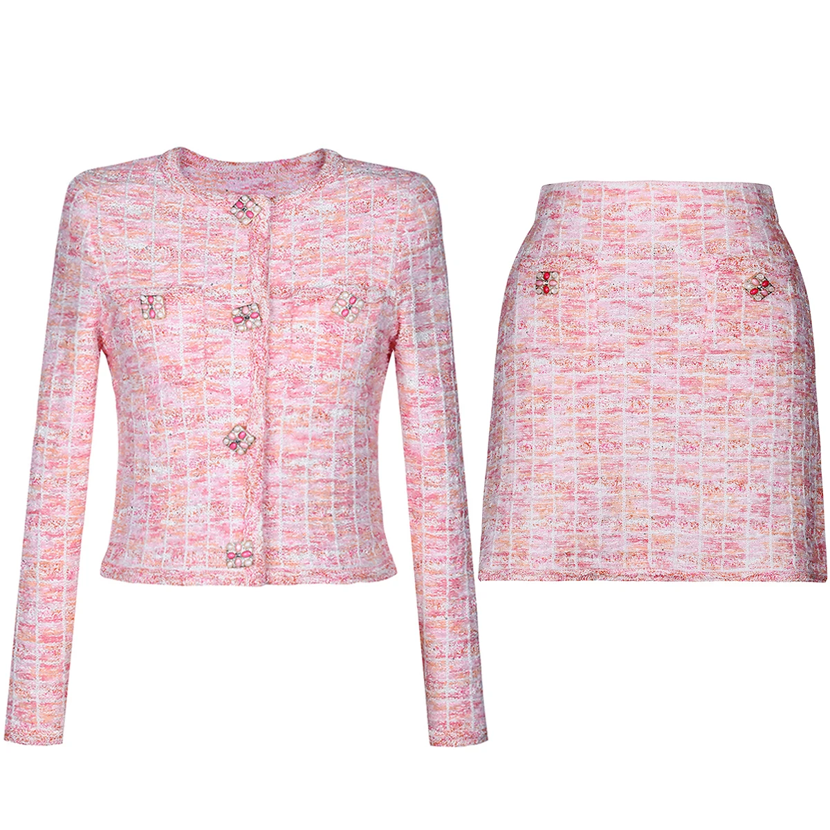 

High Quality Autumn New Fashion Plaid Elastic Knitted Round Neck Long Sleeved Cardigan Slim Fit Short Skirt Women's Set