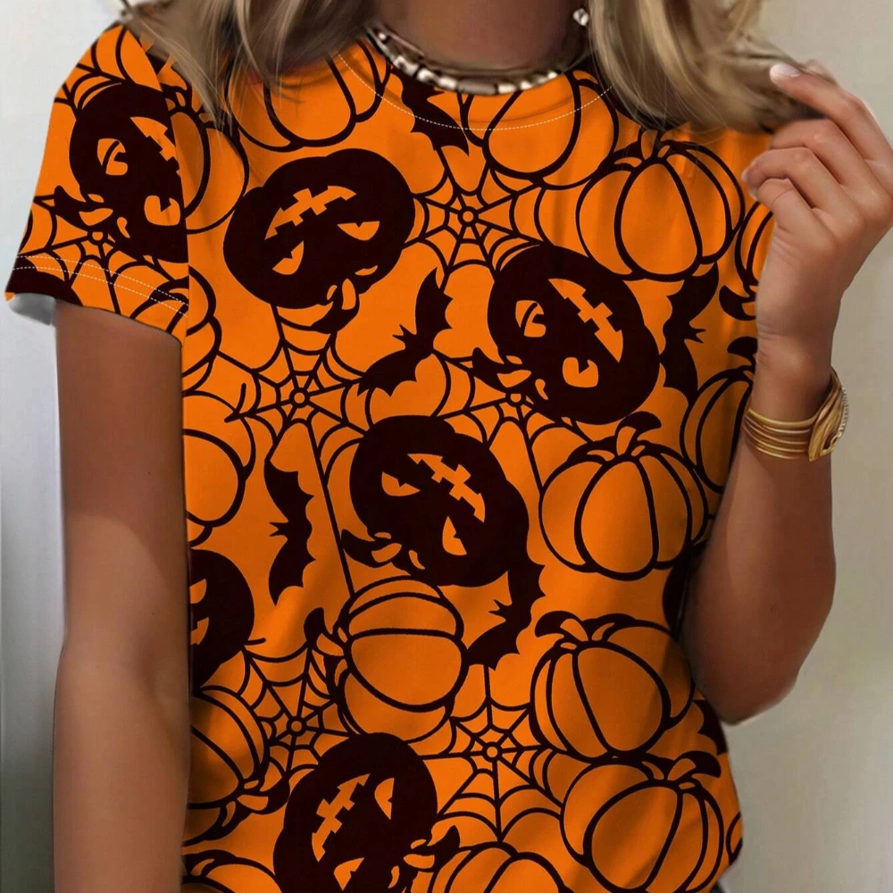 

2024 Halloween Ladies T-shirt Pumpkin & Bat 3d Print Ladies Loose Round Neck Top Loose Oversized Fashion Street Girl Outfit