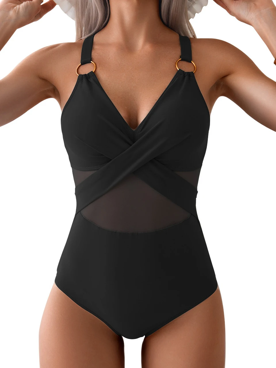 One Piece Ring Link Swimwear 2024 Women Sexy Mesh Ruched Swimsuit Female Bathers Bathing Swimming Swim Bodysuit Beachwear Summer