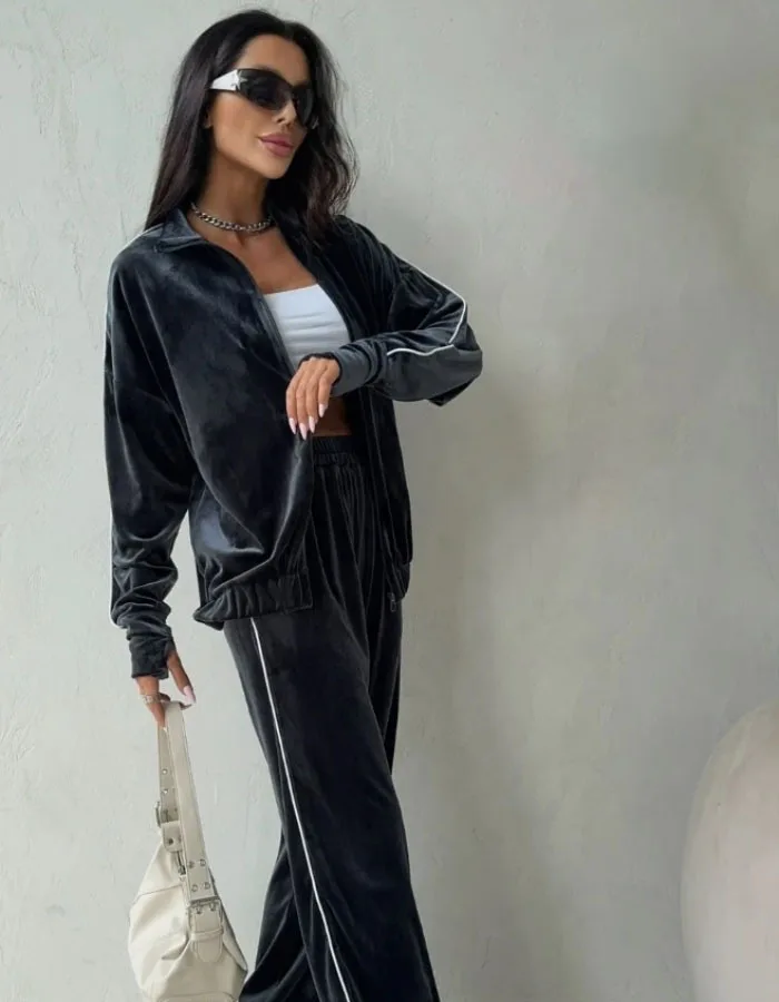 Winer Zipper Long Sleeve Cropped Coats High Waist Wide Leg Pants Streetwear Tracksuits Fashion Velvet Two Piece Set Women Autumn