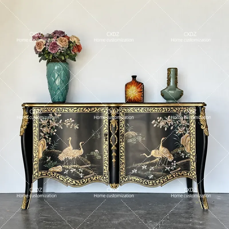 Retro Entrance Cabinet New Chinese Style Black Crane Painted Sideboard Foyer Storage Console Table Decorative Hallway