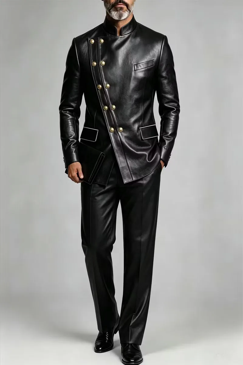 Stylish Men Jacket Pants Set Leather Stand Collar Asymmetric Gold Button Glam Evening Wear Customized 2 Piece Formal Suits